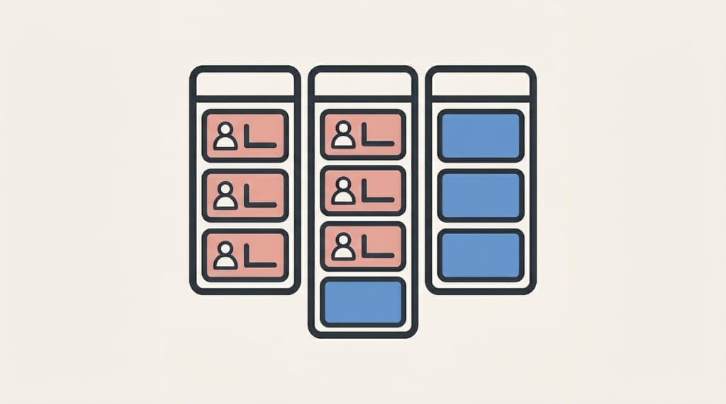 Flat icon — three CRM columns with cards in pink and blue