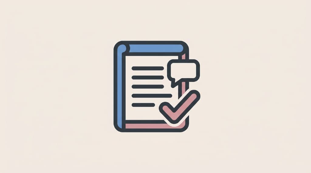 Flat icon — document with lines, speech bubble, and checkmark for sales scripts