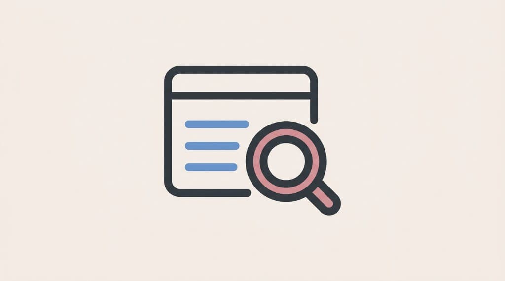 Flat icon — browser window with lines and magnifying glass for SEO